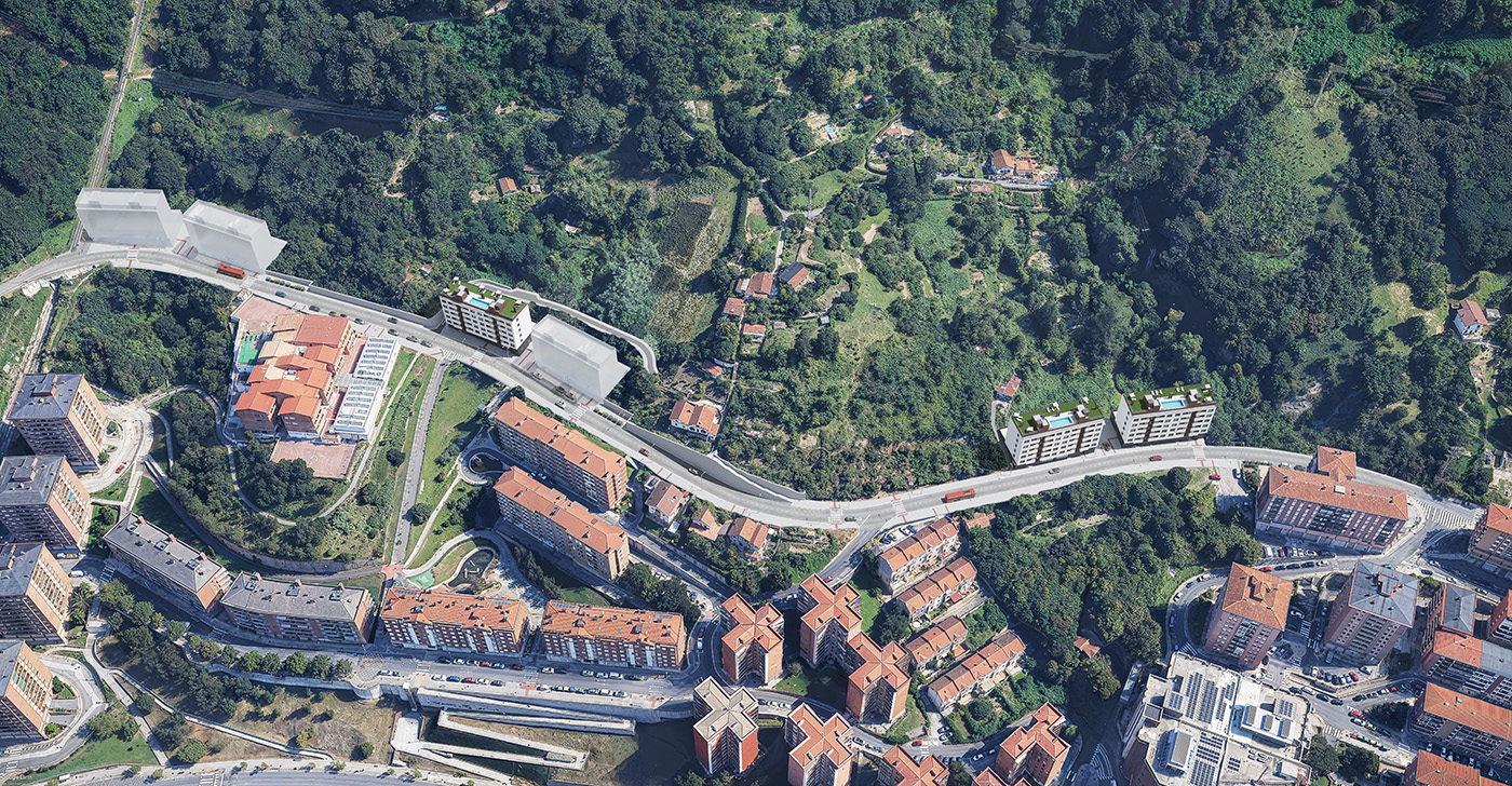 Vista aérea cenital del residencial de Vía Lezama integrado en la ladera verde de Bilbao junto al casco urbano