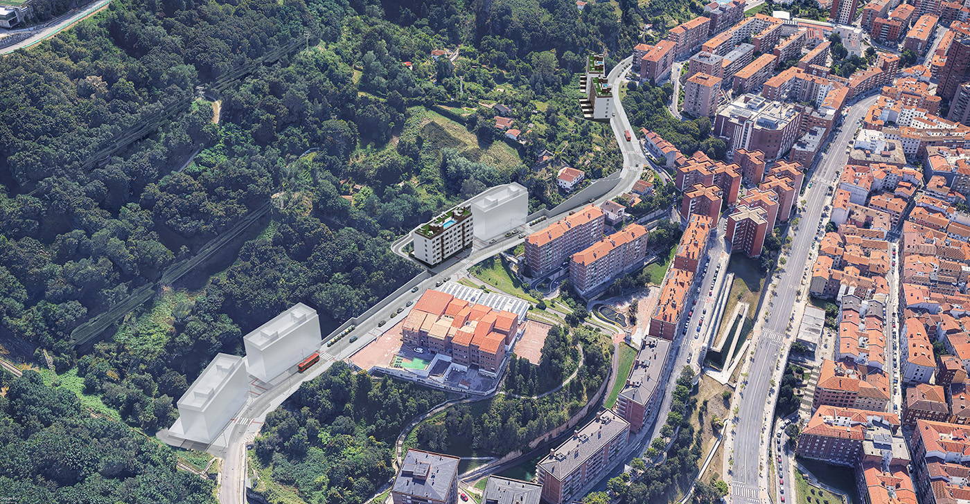 Vista aérea del emplazamiento del residencial de Vía Lezama sobre Bilbao entre el bosque y la trama urbana