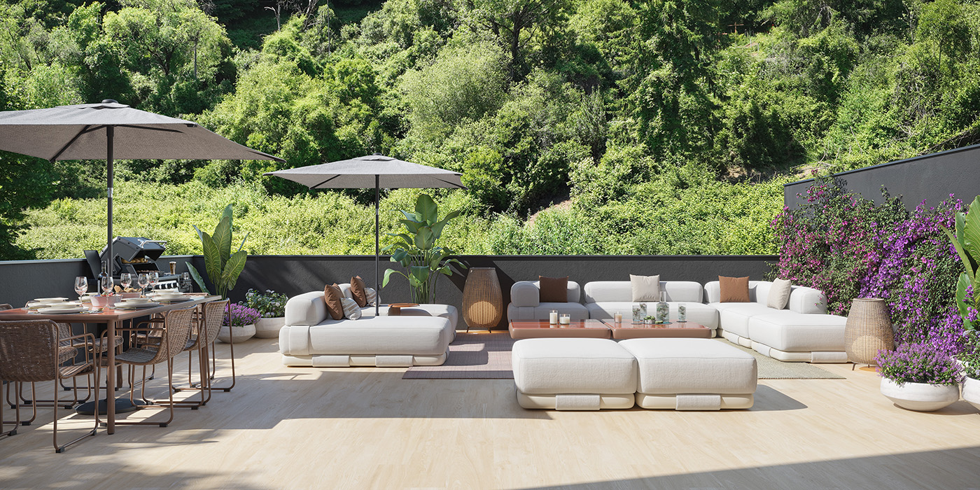 Render de la terraza del ático con sofás, sombrillas, barbacoa y vistas al bosque de la ladera de Bilbao