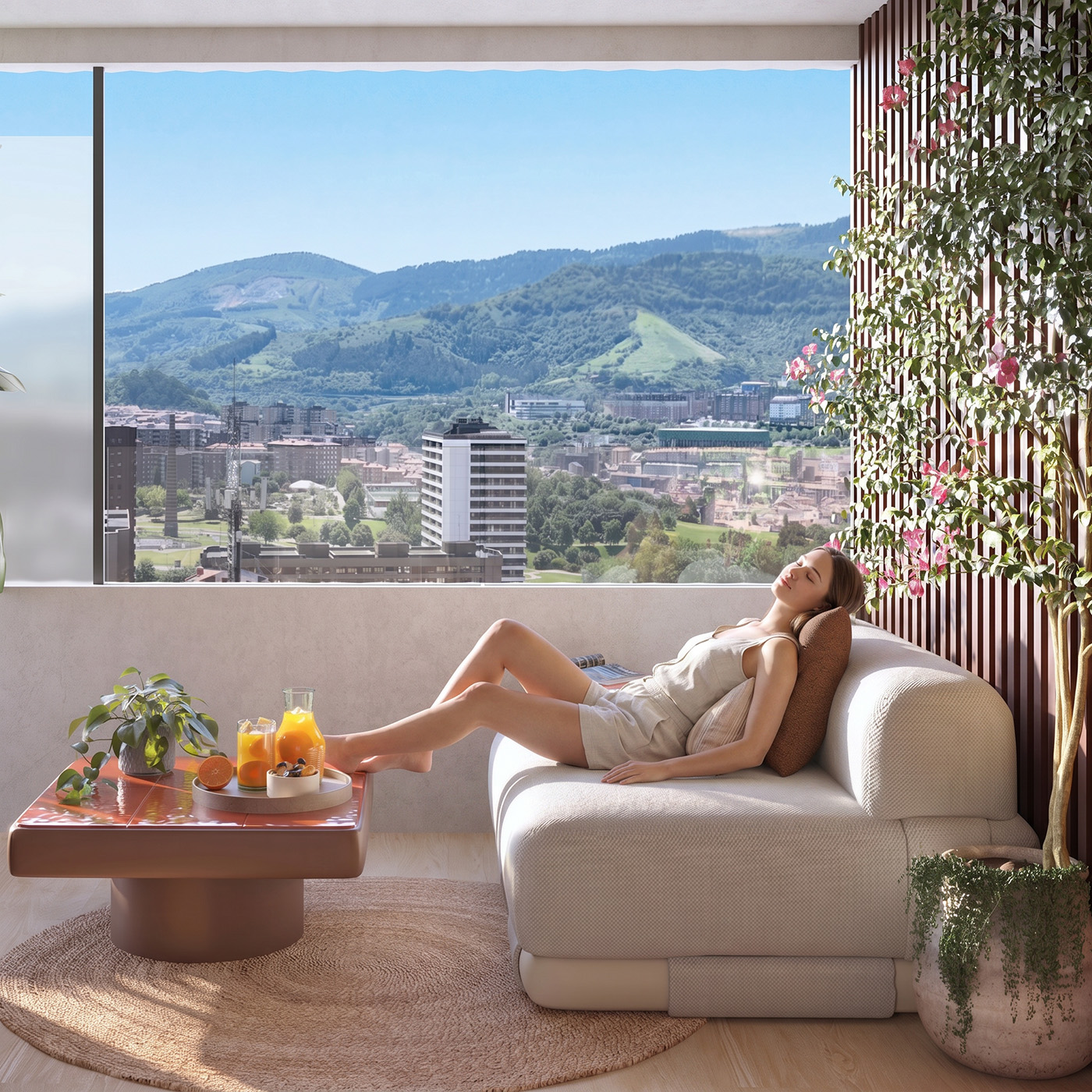Infografía del salón del ático con chaise longue junto al ventanal y vistas a los montes de Bilbao