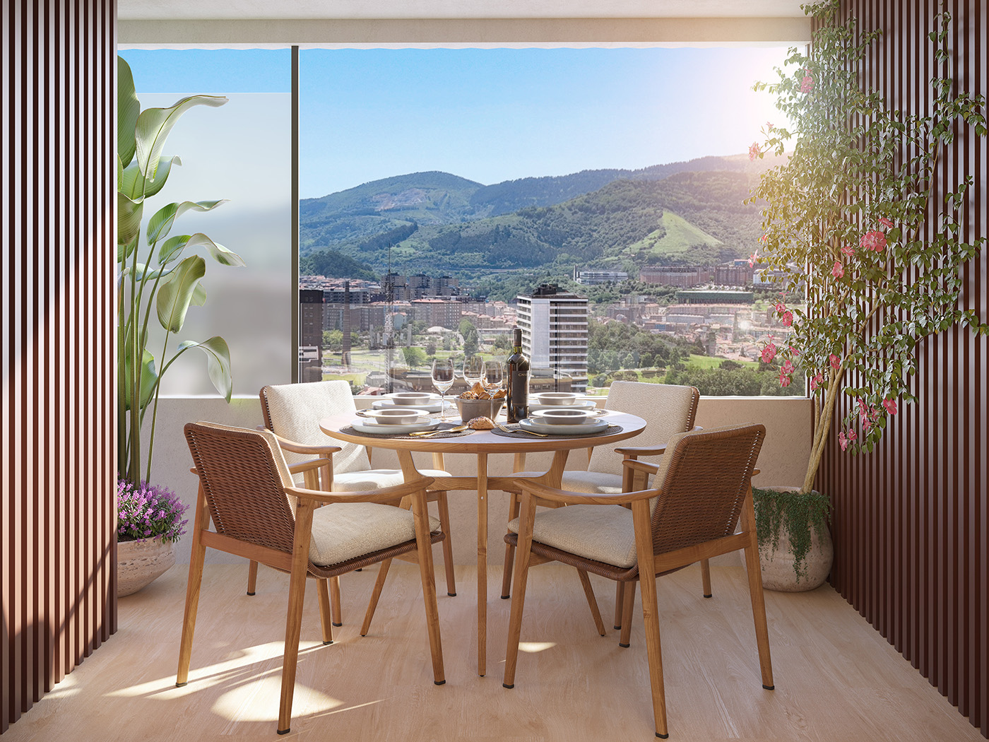 Render de la terraza acristalada con mesa redonda de comedor y vistas panorámicas a Bilbao y los montes