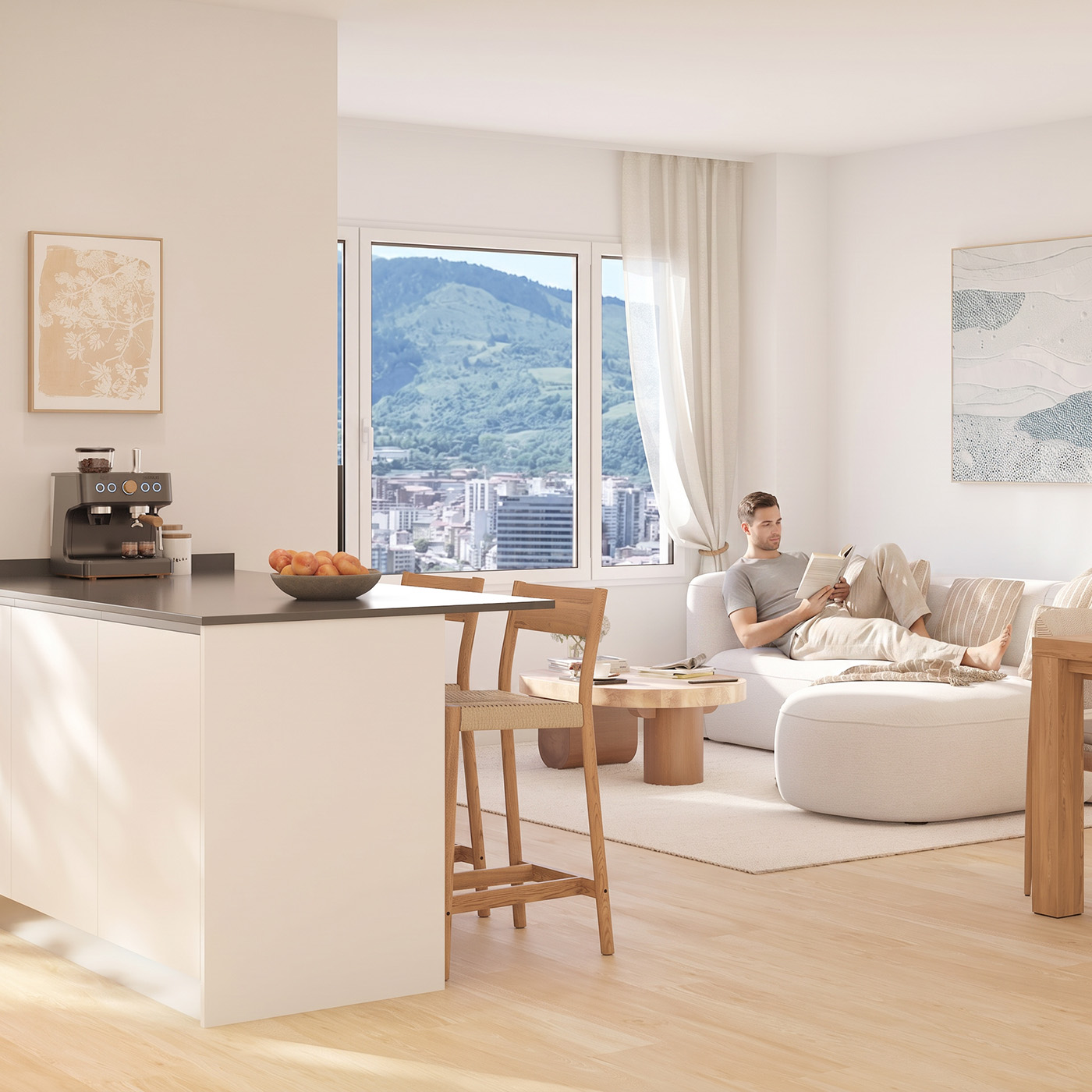 Render del salón con cocina abierta, sofá blanco y ventanal con vistas a la ladera verde de Bilbao