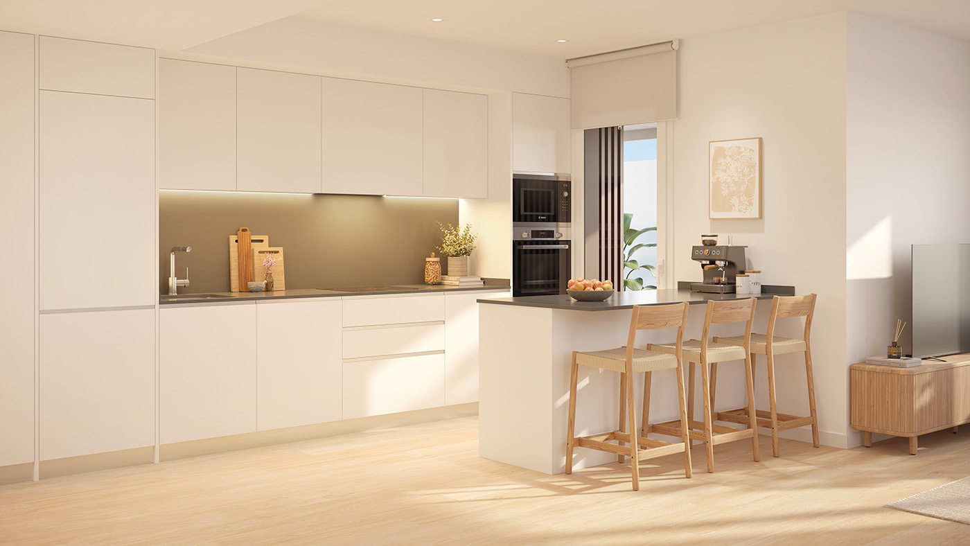 Infografía de la cocina blanca en línea con isla, taburetes de madera y encimera gris