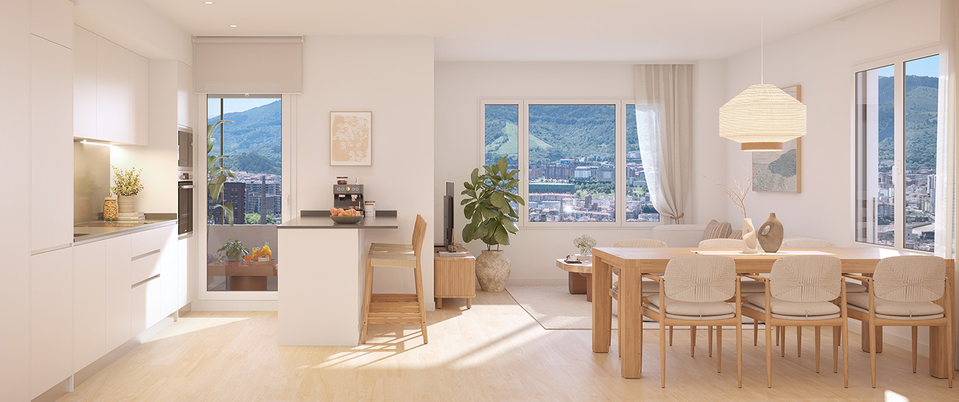 Render del salón comedor con cocina abierta, mesa de madera y ventanales con vistas a Bilbao