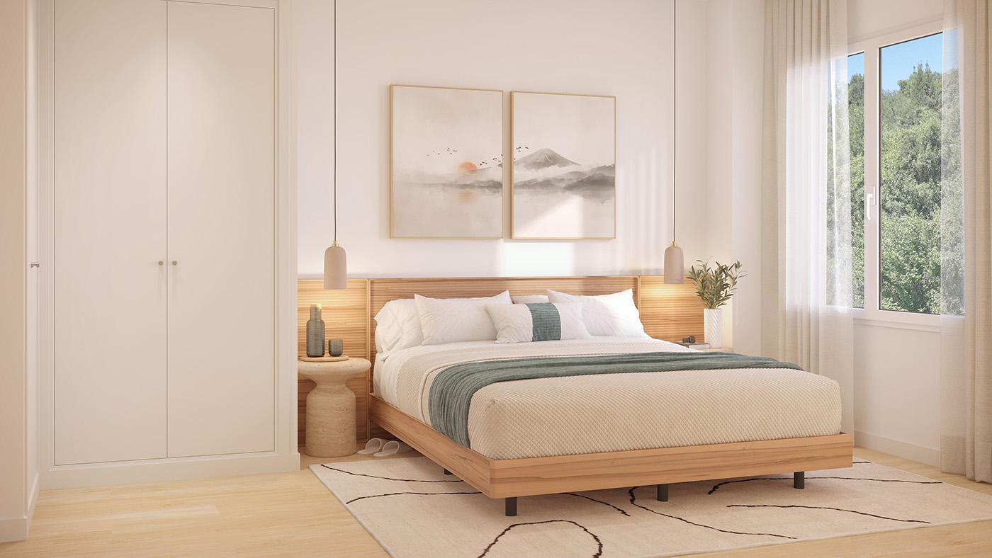 Infografía del dormitorio principal con cabecero de madera, armario empotrado y cuadros del amanecer