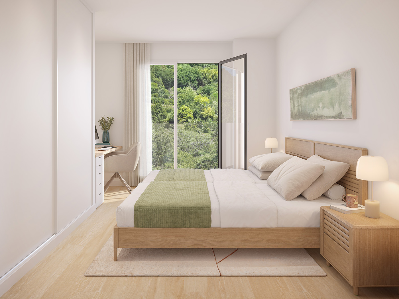 Render del dormitorio con escritorio junto a la balconera y vistas al bosque de la ladera de Bilbao