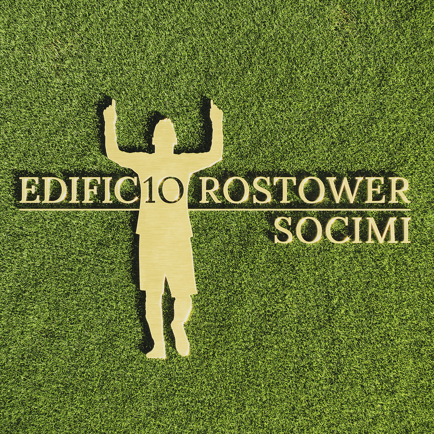 Logo de Edificio Rostower Socimi en dorado grabado de perfil de Lionel Messi sobre fondo de césped verde