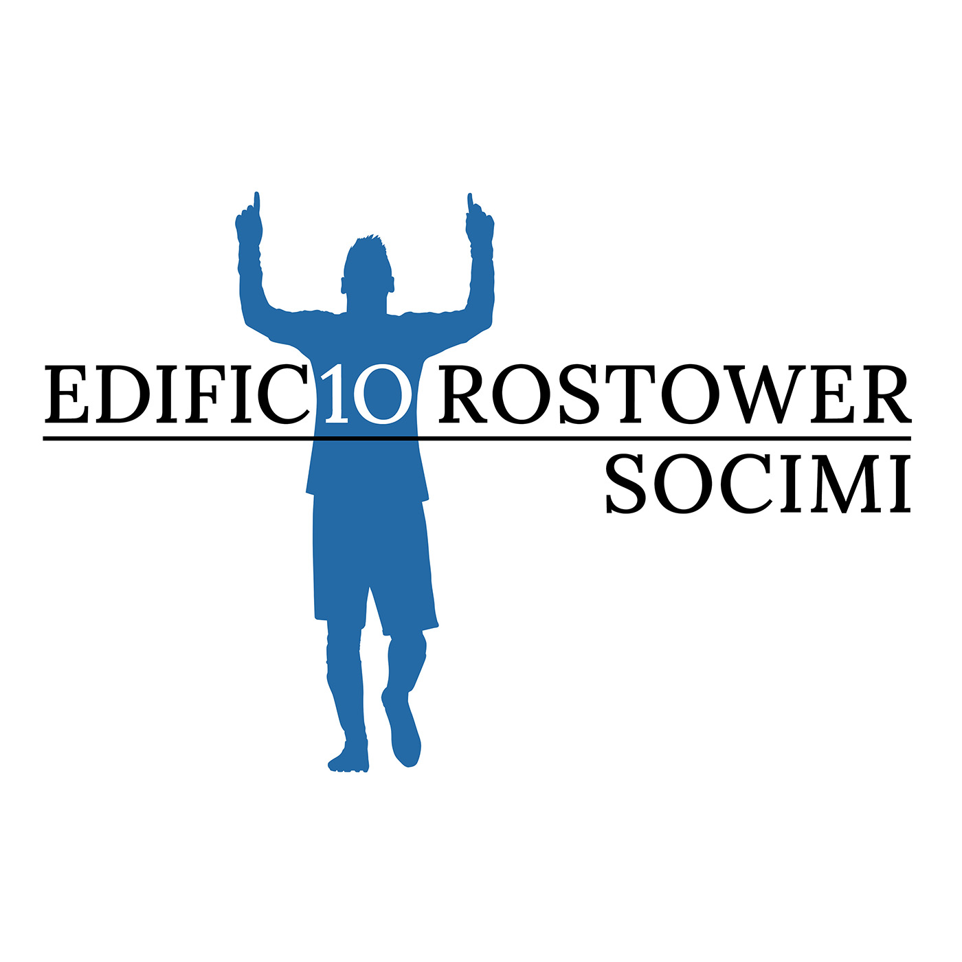 Logo de Edificio Rostower Socimi con silueta azul de Lionel Messi celebrando y tipografía serif en negro