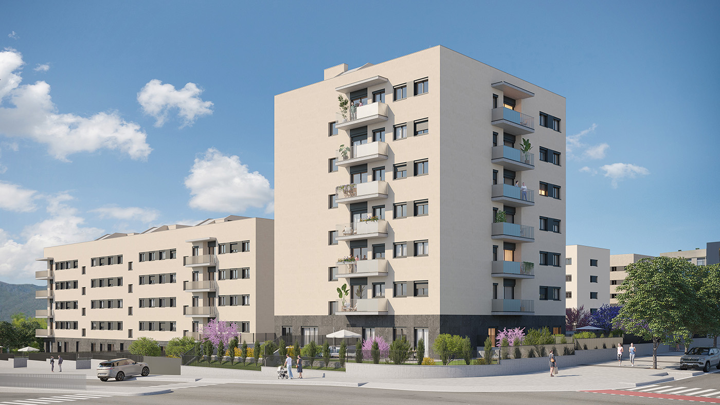 Render en esquina del edificio Montcada III con fachada beige, balcones y bajos de piedra oscura