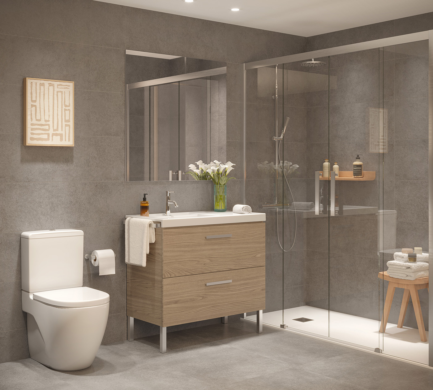 Render del baño en tonos grises con ducha de obra acristalada, inodoro y mueble de madera clara