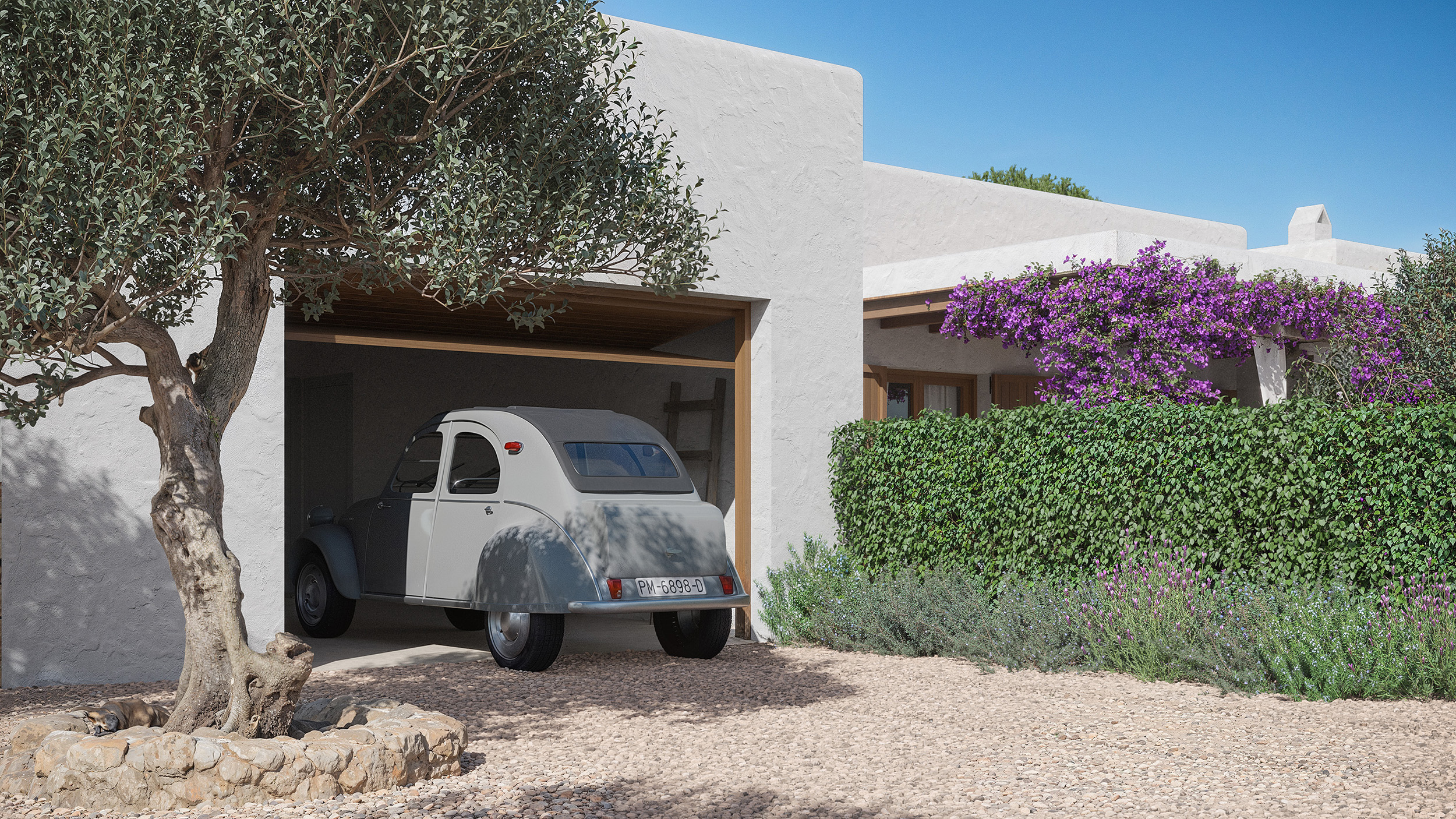 Render del porche de acceso de Casa Francisca con garaje abierto, coche clásico blanco y olivo sobre grava