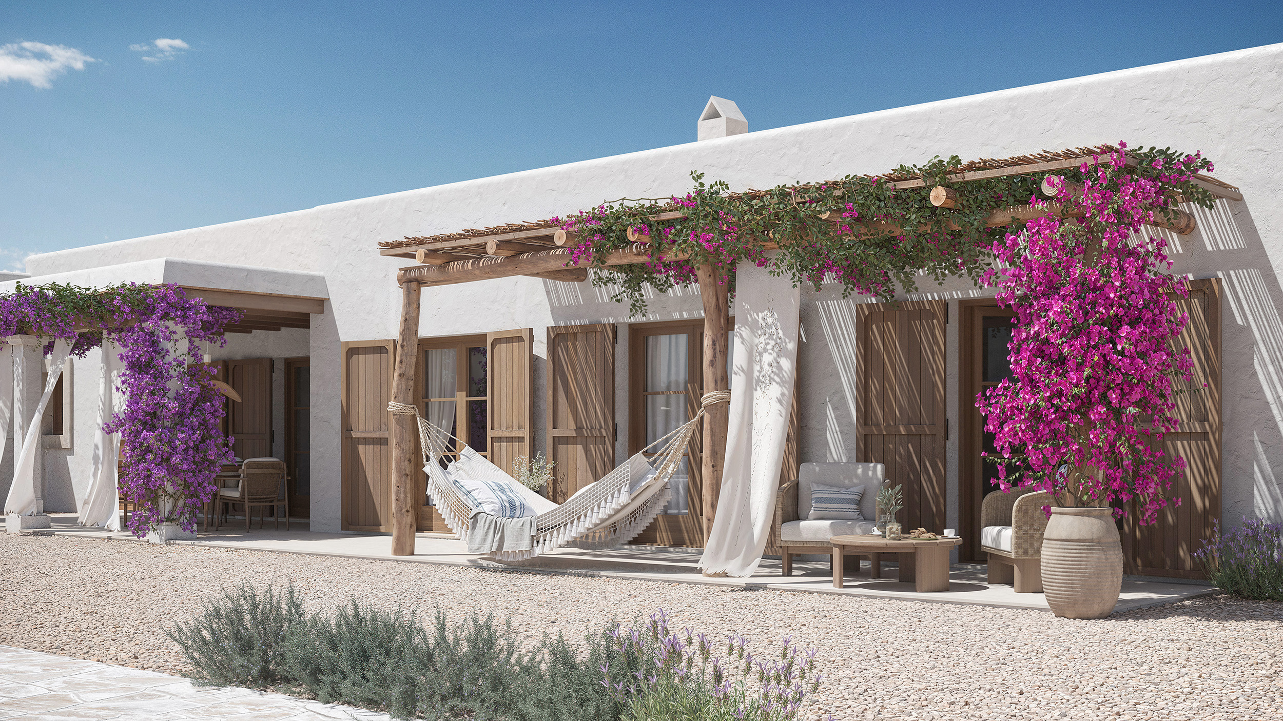 Render del porche de Casa Francisca con hamacas, pérgola de buganvilla y contraventanas de madera
